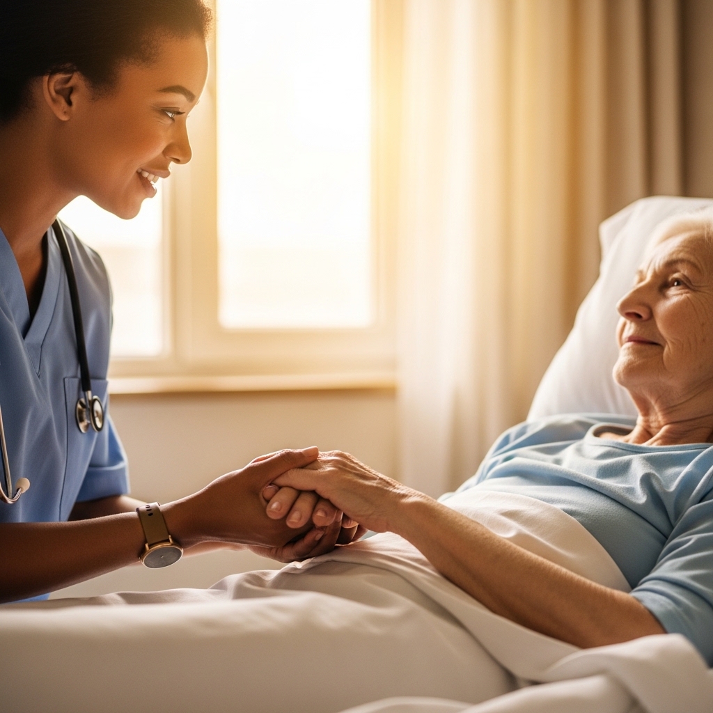 Compassionate caregiver holding a patient's hand